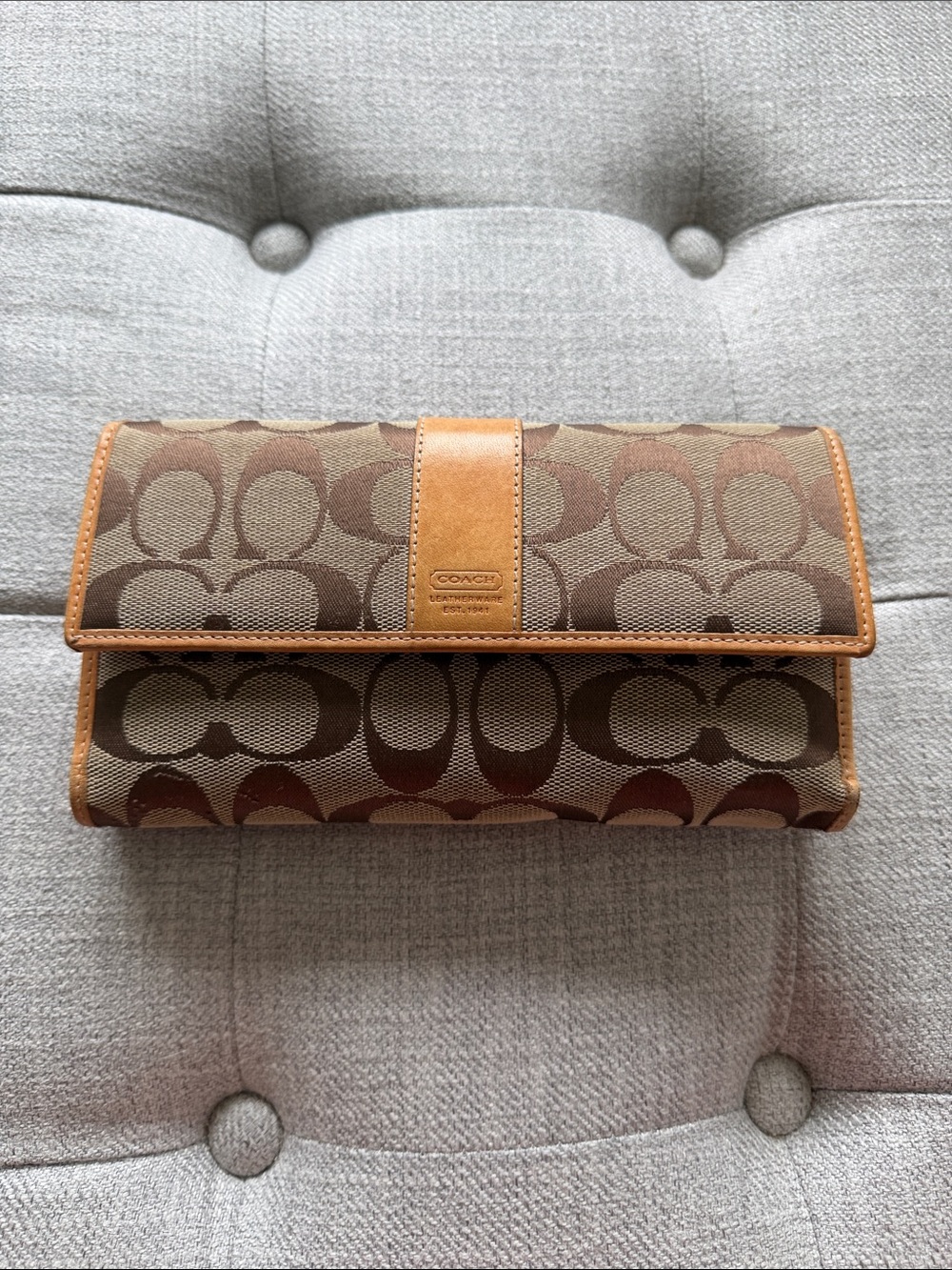 Coach Brown Signature Canvas Foldover Wallet with Tan Trim